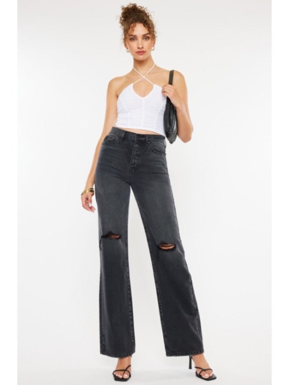 NEW KanCan 90's Wide-Leg Flare Distressed Button Fly Black High-Rise Jeans 24
